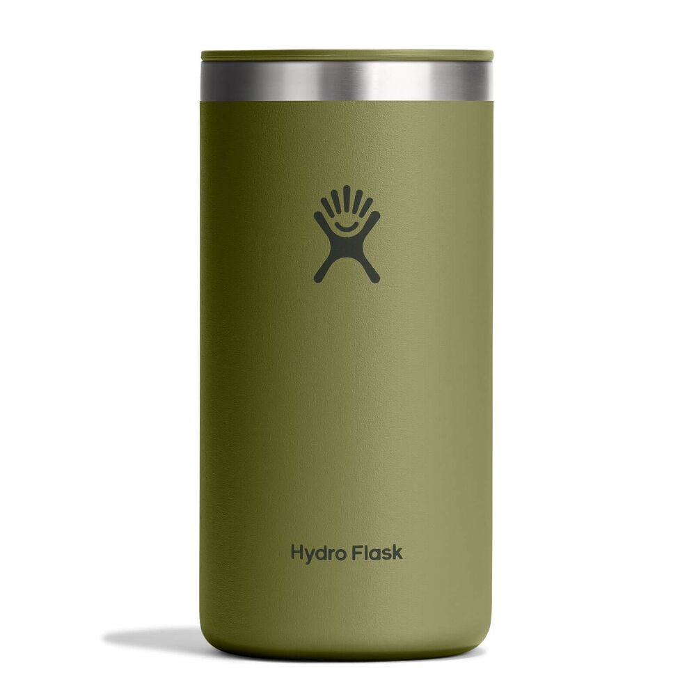 Olive-green Hydro Flask insulated tumbler with matte finish, stainless-steel rim, matching green sip lid, and Hydro Flask logo on front. Slightly tapered cylindrical shape.