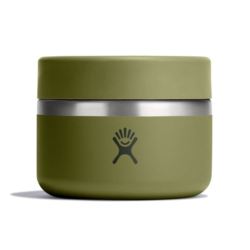 Small olive-green Hydro Flask insulated container with rounded squat shape, brushed metal band in the middle, and Hydro Flask logo on front. Matte powder-coated finish.