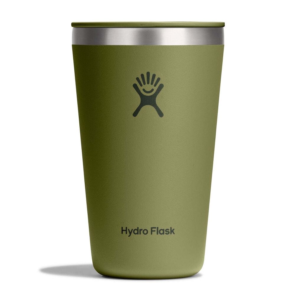 Olive-green Hydro Flask insulated tumbler with lid, stainless-steel rim, small sip opening, matte finish, and Hydro Flask logo on front. Modern design.